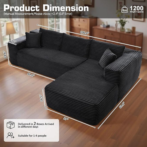 106" Cloud Sectional Couch with Chaise Lounge,L Shaped Modular Modern Sofa,Comfy Corduroy Fluffy Couches with Deep Seat,No Assembly Required Couch for Living Room(Right,Plush Corduroy,Black)
