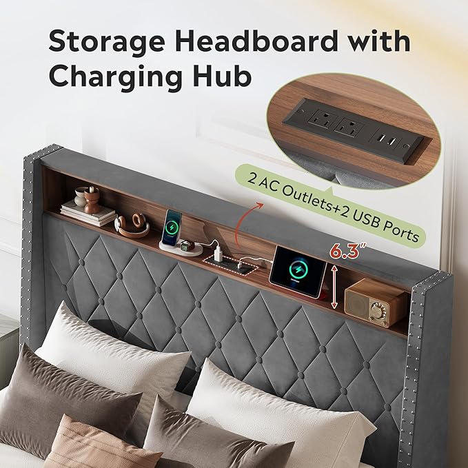 WLIVE Queen Size Upholstered Bed Frame with Storage Headboard, Velvet Square Tufted Platform Bed with Charging Station, Sturdy Metal & Wooden Slats Support, No Box Spring Needed, Grey