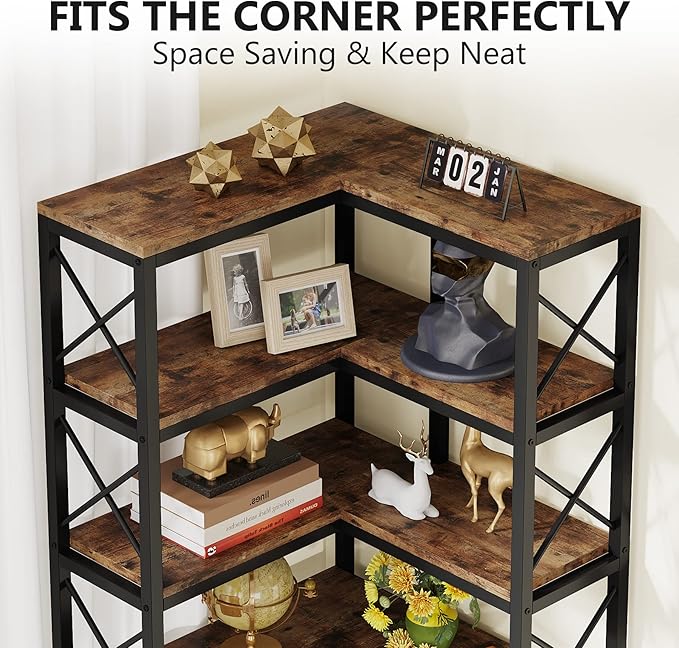 Tribesigns 7-Shelf Corner Bookshelf,Large Modern Corner Bookcase, 7-Tier Tall Corner Shelf Storage Display Rack with Metal Frame for Living Room Home Office (Rustic Brown)