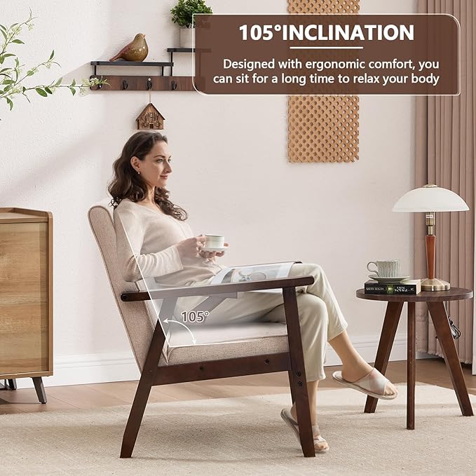 ANJ Mid Century Modern Accent Chair, Armchair for Living Room & Bedroom, Tufted Fabric Upholstered Side Chair with Solid Wood Legs, Comfortable Single Seater Reading Chair, Beige