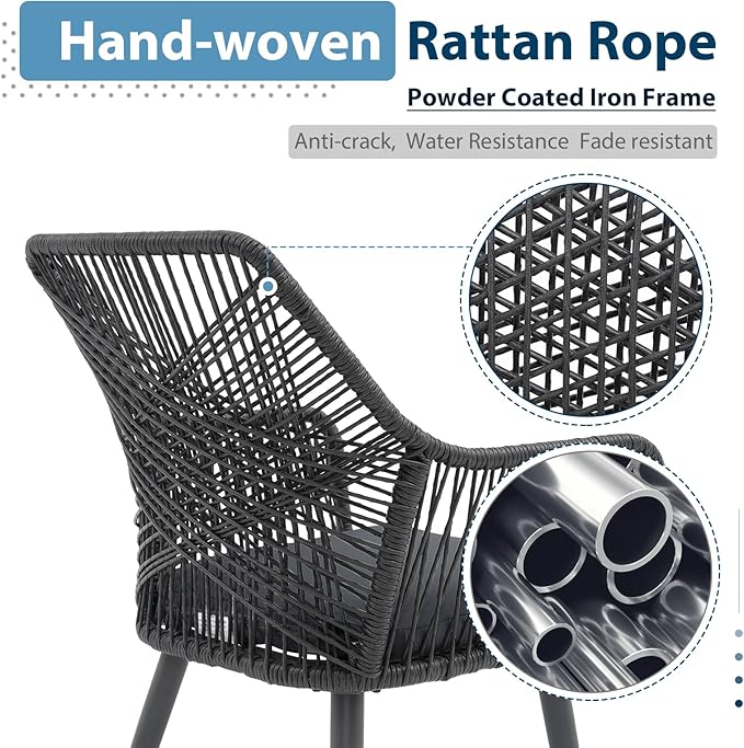 JOIVI 5 Piece Outdoor Dining Set, Wicker Patio Furniture Dining Chairs and Table Set with Cushions for 4 People, Tempered Glass Tabletop with 2.16” Umbrella Hole, for Lawn, Backyard,with Gray Cushions