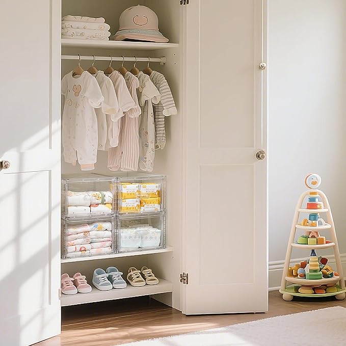 Vtopmart 4 Pack 18QT Clear Stackable Storage Drawers,Easily Assemble Closet Organizers,Plastic Storage Bins for Bathroom,Cabinet,Kitchen Pantry,Under Sink Organization(Medium)