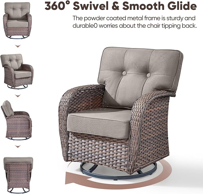 9-Piece Rotating Balcony Chair Set with 31-inch T-Shaped Wide backrest - Rattan Outdoor Rotating Balcony Chairs, Wide backrest Comfortable Outdoor Sliding Chair - Brown | Grey