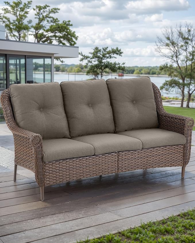 Patio Couch Outdoor Wicker Sofa - Heavy Duty All-Weather Brown Rattan 3-Seater with High Back and Comfortable Thick Cushions for Garden Back Porch Poolside Apartment - Grey