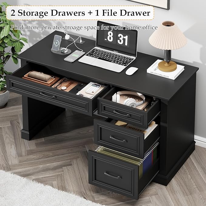 Farmhouse 47" Executive Desk, Computer Desk with Drawers and File Drawer, Workstation Computer Desk with Charging Station for Home Office, Study,Pure Black.