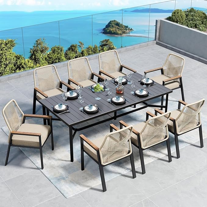 Patio Dining Chairs Set of 8, Heavy-Duty Woven Rope Outdoor Chairs with Waterproof Cushion and Wrought Iron Frame, All-Weather Outside Seating for Kitchen Garden Deck Backyard