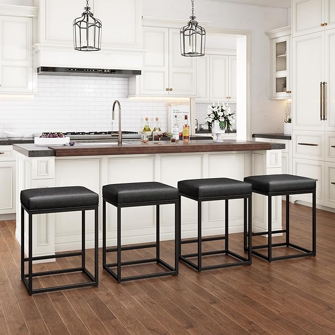 PHI VILLA Black Leather Counter Height Chairs, Barstools Set of 4, 24 inch Backless Bar stools for Kitchen Island