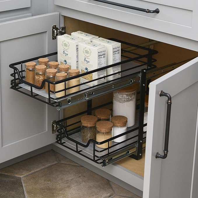Household Essentials Glidez Multipurpose Paint-Finished Steel Pull-Out/Slide-Out Storage Organizer with Plastic Liners for Under Cabinet Use - 2-Tier Dual-Slide Design, Black