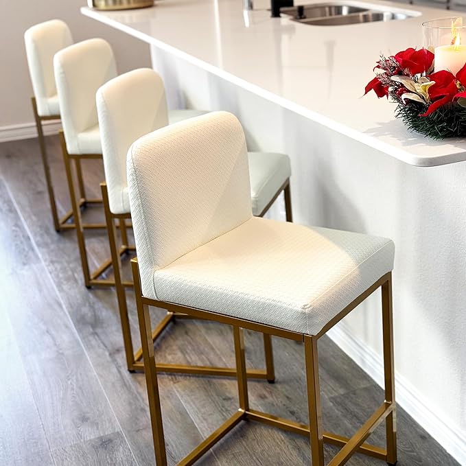 ALPHA HOME 24 Inch Bar Stools Set of 3, Kitchen Counter Stools with Backs, PU Leather Barstools, White Bar Stools with Upholstered Footrest, Sturdy Chromed Metal Steel Frame, Off-White