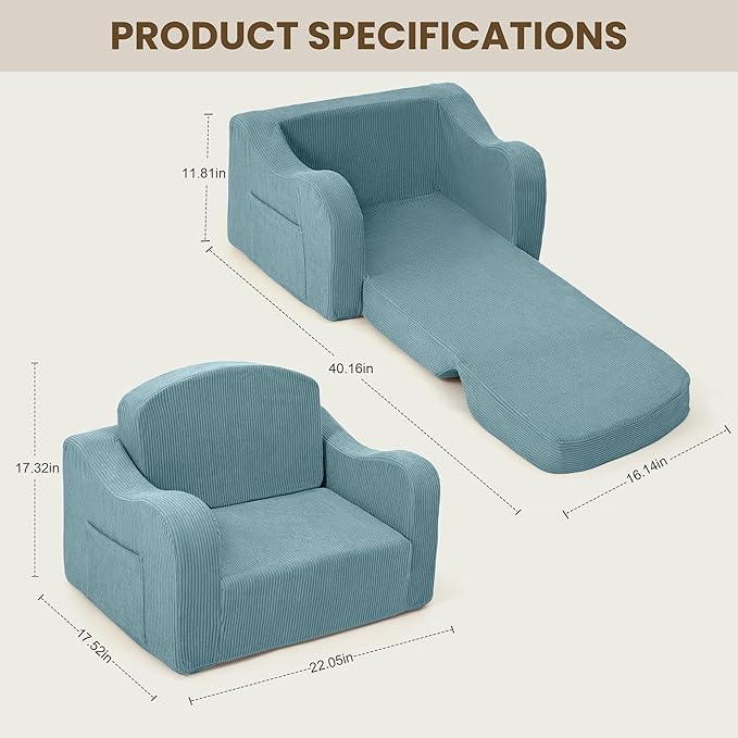 Comfy Toddler Chair for Kids, 2-in-1 Toddler Soft Plush Couch Fold Out, Convertible Kids Couch to Lounger, Baby Sofa for Boys and Girls, Blue