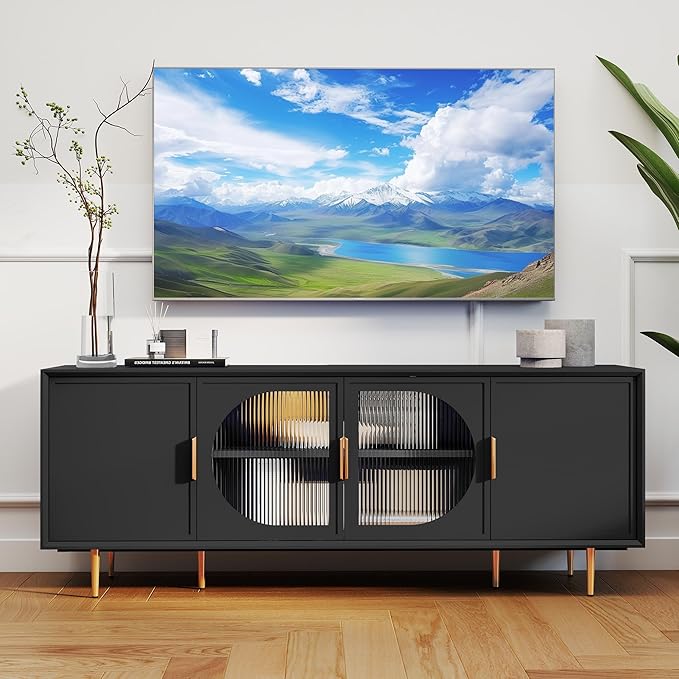 66" Modern TV Stand for TVs up to 75",TV Cabinet with Glass Door,Entertainment Center with Storage,Television Stands with Gold Legs,Media Console for Bedroom,Living Room,Black