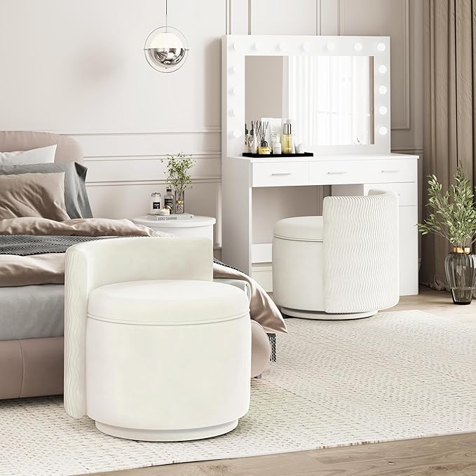 360° Swivel Accent Chair with Storage, Vanity Stool with Back, Velvet Storage Ottoman, Upholstered Round Barrel Vanity Chair for Living Room, Makeup Room, Bedroom (Off White)