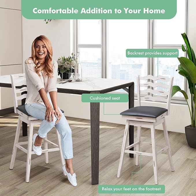 COSTWAY Bar Stools Set of 2, 29” 360° Swivel Bar Height Chairs with Rubber Wood Frame, Cushioned Seat, Ergonomic Backrest & Footrest, Wooden Upholstered Barstools for Kitchen Island (2, 29”)