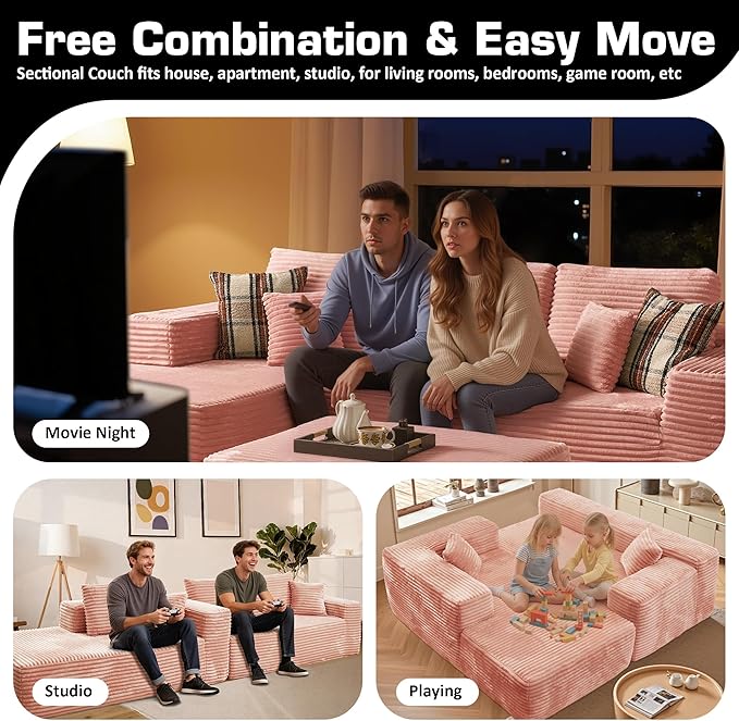 106" Cloud Sectional Couch with L-Shape Chaise & Ottoman, No Assembly Modular Sofa, Deep Seat Plush Corduroy Boneless Couched for Living Room (Pink Plush Corduroy, Left Facing Chaise with Ottoman)