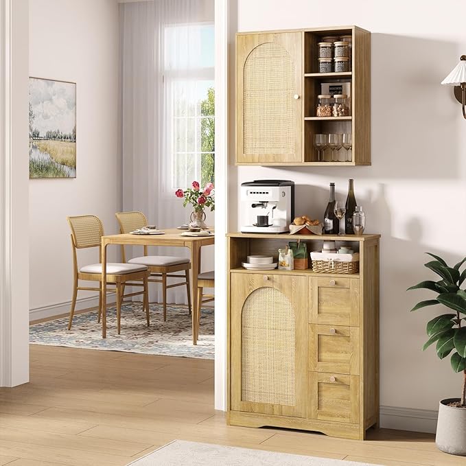 Rattan Bathroom Wall Cabinet with Door, Boho Medicine Wall Cabinets with Adjustable Shelves, Tall Kitchen Wall Mounted Storage Cabinet, Floating Hanging Cabinet Space Saver for Laundry Room, Natural
