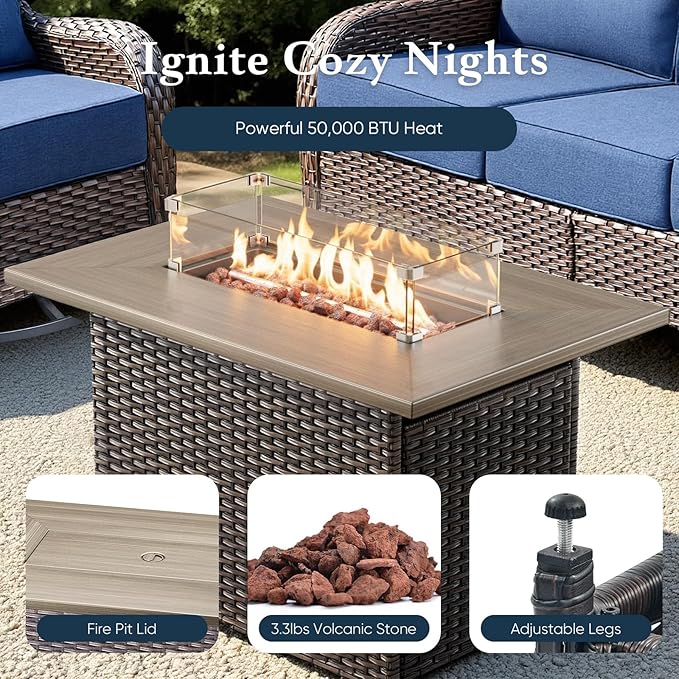 Belord Luxury 6" Thick Cushioned 7 Pieces Patio Furniture Set with Fire Pit Table, Wicker Outdoor Conversation Set with High Back Swivel Rocker Chairs for Deck Porch Yard and Poolside - Brown+Grey