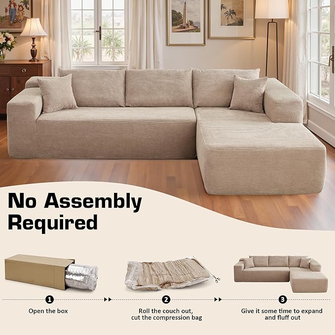 106" Cloud Sectional Couch with Chaise Lounge,L Shaped Modular Modern Sofa,Comfy Corduroy Fluffy Couches with Deep Seat,No Assembly Required Couch for Living Room(Right,Stripe Corduroy,Camel)