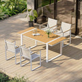 Outdoor Table and Chairs of 4, Patio Dining Sets, HDPS + Aluminum Outdoor Furniture Set with Umbrella Hole, Patio Dining Table Set (White-Teak)