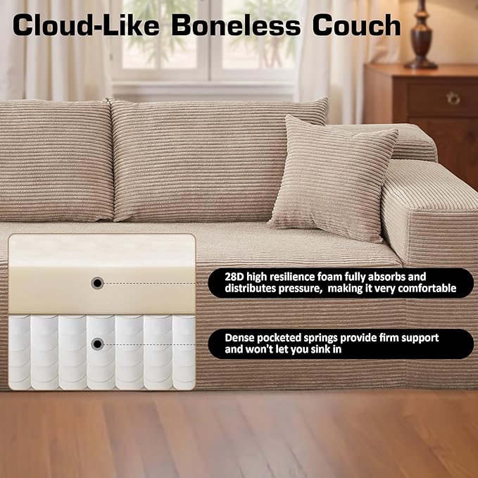 106" Cloud Sectional Couch with Chaise Lounge,L Shaped Modular Modern Sofa,Comfy Corduroy Fluffy Couches with Deep Seat,No Assembly Required Couch for Living Room(Left,Stripe Corduroy,Camel)