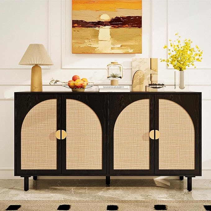 Black 4-Door Rattan Buffet Cabinet-Sideboard Buffet Cabinet with Storage, Accent Sideboard Cabinets-Wood Credenza with Cane Door, Boho Style Console Table for Dining Room & Living Room