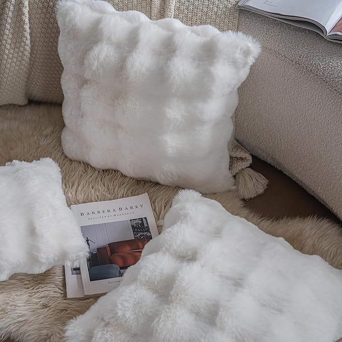 Neelvin Cream White Faux Fur Cozy Soft Double-Sided Decorative Throw Pillow Covers 22x22 inch Set of 2,Velvet Pillowcase Cushion Case for Sofa Couch