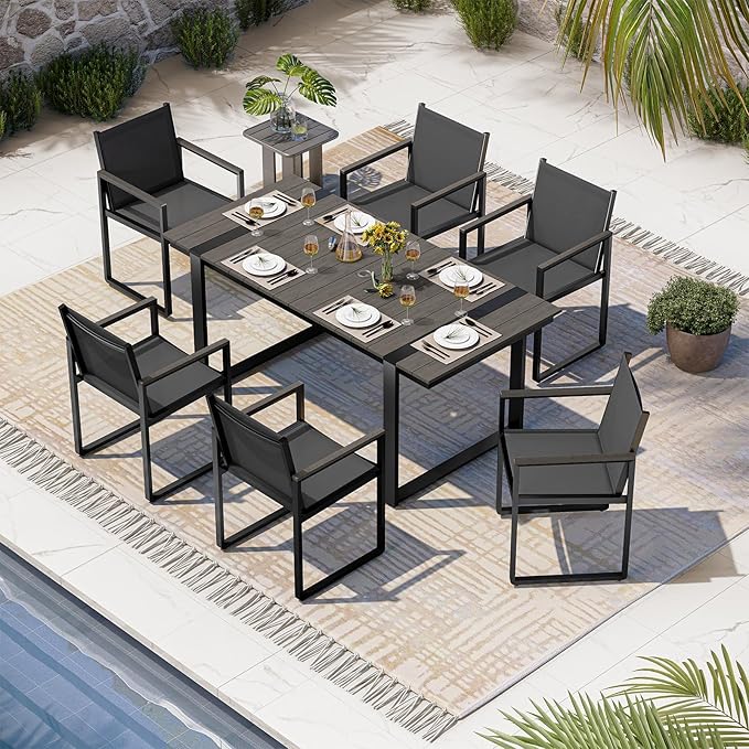 Outdoor Dining Set, Patio Table and Chairs Set, 7 Piece HDPS + Aluminum Patio Furniture Set with Umbrella Hole, Patio Dining Table Set (Charcoal)