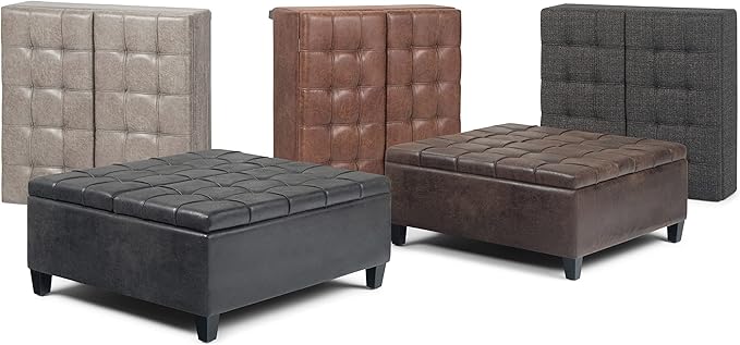 SIMPLIHOME Harrison Coffee Table Storage Ottoman - 36 inch Wide Upholstered Vegan Leather Square Lift-Top Ottoman in Distressed Black, Transitional Ottoman for Living Room with Hidden Storage