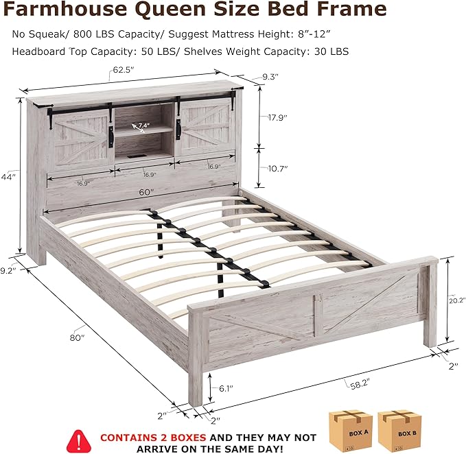 T4TREAM Farmhouse Queen Size Bed Frame w/Storage Bookcase Headboard, Sliding Barn Door, Charging Station, Rustic Wood Platform Bed w/Wood Slats Support, No Box Spring Needed, Antique Brush White