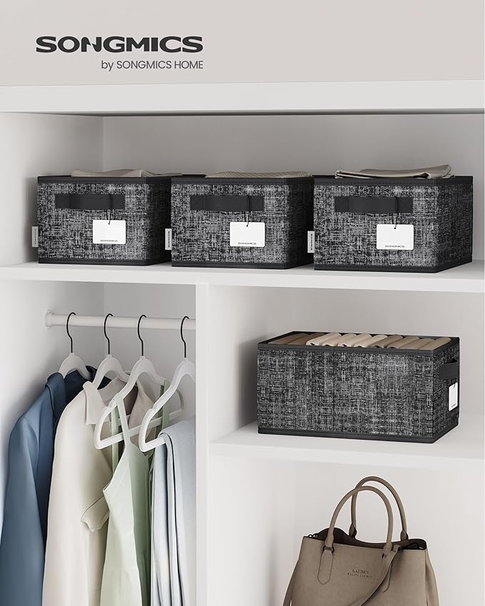SONGMICS Storage Cubes, 11.8 x 7.9 x 5.9 Inches Non-Woven Fabric Bins with Double Handles, Set of 3, Closet Organizers for Shelves, Foldable, for Clothes, Ink Black UROB415B01