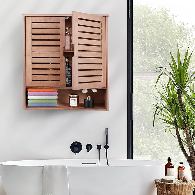 HYNAWIN Bamboo Wall Cabinet, Over Toilet Bathroom Furniture, Wall Mounted Storage Medicine Cabinet with Two Doors & Adjustable Shelves, for Bathroom, Kitchen, Living Room, Walnut, Dark Brown