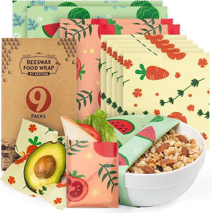 Akeeko Reusable Beeswax Food Wraps - Assorted 9 Packs, Reusable, Plastic-Free Food Storage, 5 Small, 2 Medium, 1 Large, 1 Extra Large Wraps with Cute Fruits Pattern