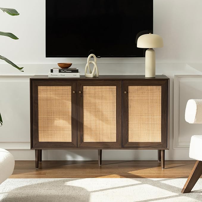 Rattan Storage Cabinet with 3 Doors, Boho Sideboard Buffet Cabinet Solid Wood Farmhouse Credenza Cabinet with Adjustable Shelves for Living Room Kitchen Entryway Hallway, Walnut