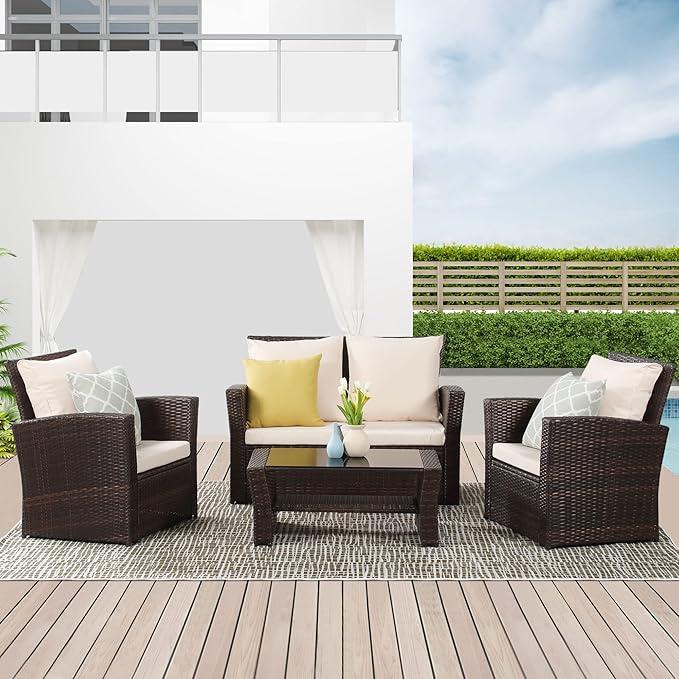 Wisteria Lane 4 Piece Patio Furniture Set, Wicker Outdoor Patio Conversation Furniture Set, All Weather Outdoor Patio Sofa with Cushion and Glass Table, Brown