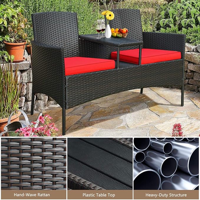 COSTWAY 2-Seat Patio Conversation Sets, Outdoor Patio Loveseat Set with Removable Cushions & Built-in Coffee Table for Backyard, Garden, Lawn, Balcony, Black+Red