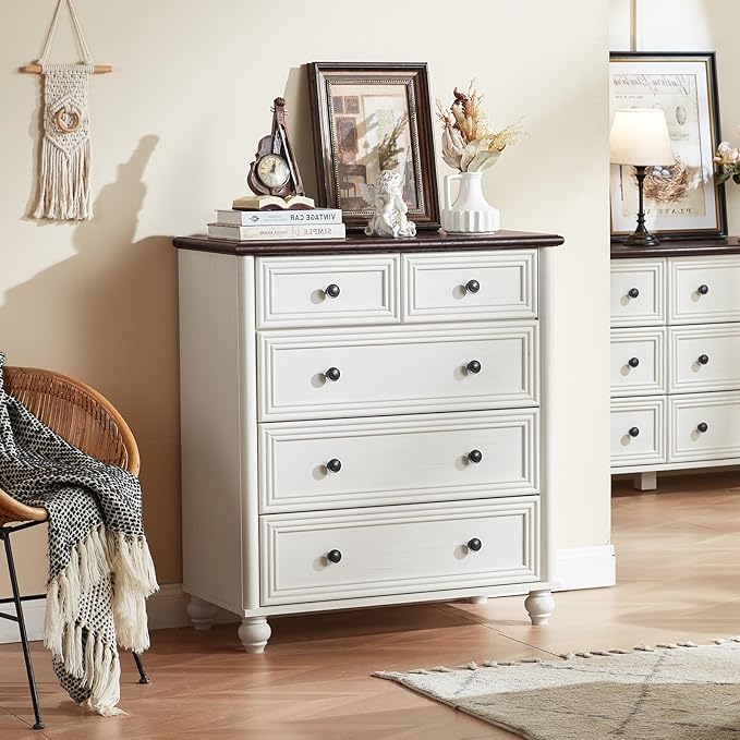 Farmhouse Dressers & Night Stand Set of 4, Wood 54" Wide 6 Drawer Dresser & 35" Tall Chest of Drawers, 18" Roman Column Nightstand Set of 2, Bedroom Furniture Dresser Sets for Home Living Room Hallway