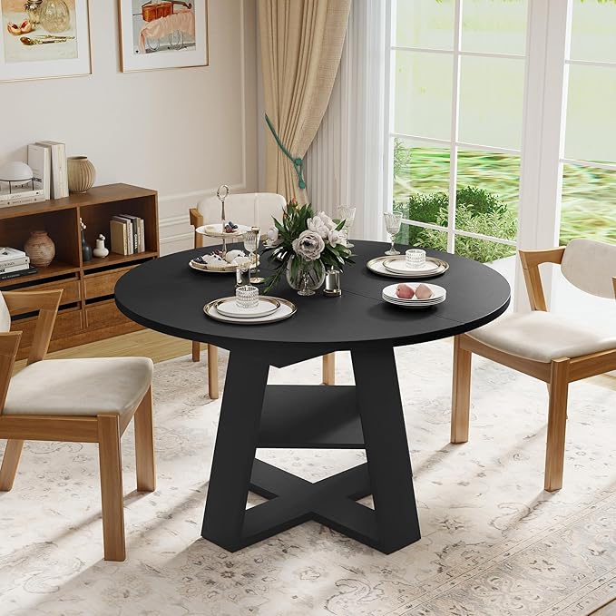 Aivermel 43.3‑59 in Extendable Oval Dining Table for 4‑6, Engineered Wood Round Dining Table with Hidden Extension Storage &Bottom Shelf, Space‑Saving Modern Kitchen Living Room Tables (Vintage Black)
