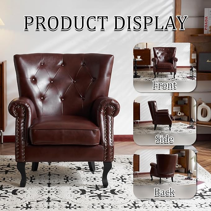 Modern Faux Leather Accent Chair, Upholstered Mid-Century Armchair with Solid Wood Legs, Single Sofa Chair for Living Room, Bedroom, or Reading Room（Reddish Brown）