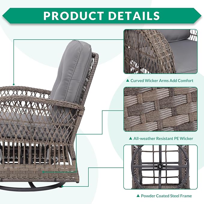 VIVIJASON 7-Piece Outdoor Patio Wicker Conversation Sets, All Weather Outdoor Rattan Furniture Set Includes Glider Loveseat, 2 Glider Rocker Chairs, 2 Swivel-Gliders Chairs, 2 Coffee Table, Grey
