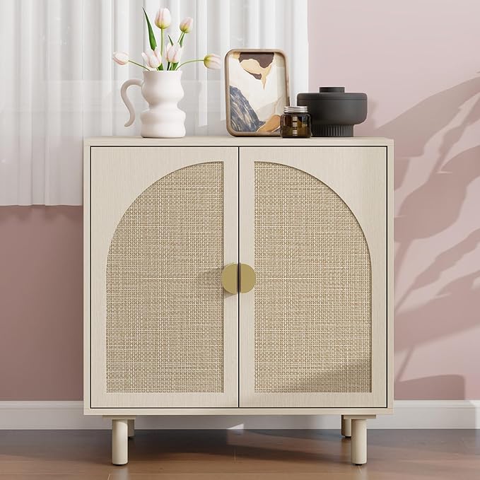 Beige Rattan Cabinet-2-Doors,Sideboard Buffet Cabinet with Storage-Accent Storage Cabinet with Cane Door, Boho Wood Credenza for Living Room, Kitchen,Dining Room or Office