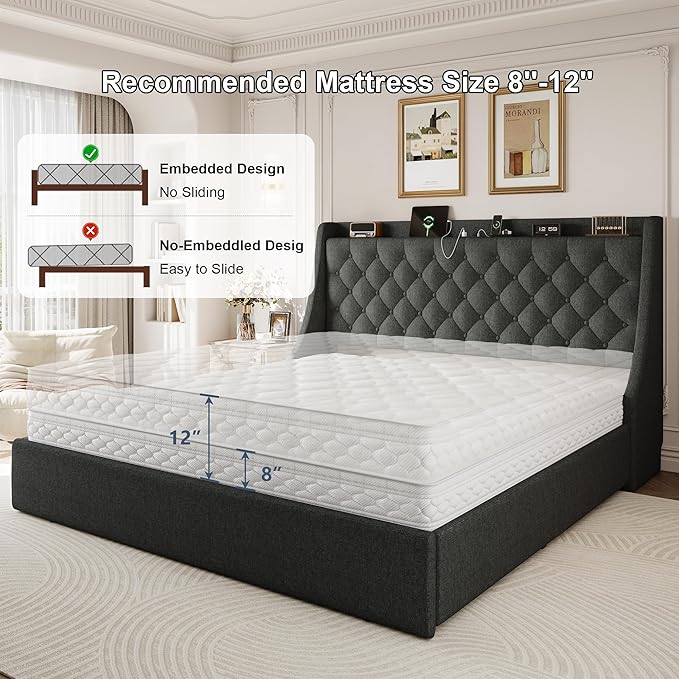 King Size Upholstered Platform Bed Frame with 4 Storage Drawers and Charging Station, Linen Button Tufted Wingback Headboard, Sturdy Wooden Support Slats, No Box Spring Needed, Dark Grey