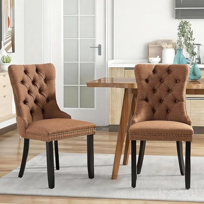 Linen Upholstered Dining Chairs Set of 4, Modern Style Kitchen Side Chairs with Nailhead Trim and Wood Leg, Metal Pulling Ring for Dining Room Living Room(Coffee,Set of 4)