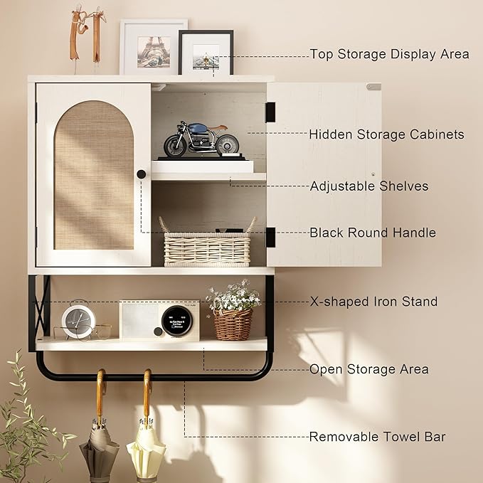 RUSTOWN Rattan Bathroom Wall Cabinet, Boho Over The Toilet Storage Cabinet with Arched Rattan Doors, Modern Medicine Cabinet with Adjustable Shelves & Towel Bar (Vintage White, Medium)