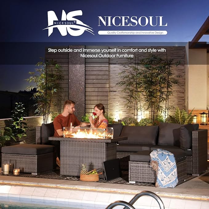 NICESOUL Large Size 9 Piece Patio Conversation Set with Fire Pit Table Propane/Gas, 29.3'' High Back Outdoor Furniture Sectional Set, Heavyweight Rattan Contemporary Sofa, 2 Color Cushion Black &Gray