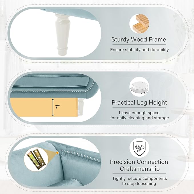 Christopher Knight Home Aurora Velvet Chaise Lounge Indoor with 2 Bolster Pillows, Upholstery Entryway Bench with Nailhead Trim & Curved Arms, End of Bed Bench Ottoman and Wooden Legs, Light Blue