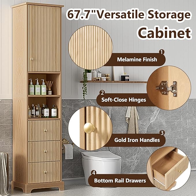 Tall Freestanding Storage Cabinet with One Door & 3 Drawers, Multi-Purpose Organizer with Open Storage and Adjustable Shelf for Bathroom, Office, Living Room, Wood