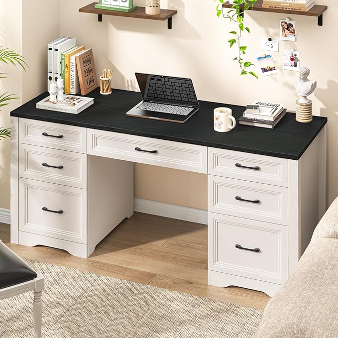 Farmhouse Executive Desk, Wood Home Office Desk with 2 Large File Drawers and 5 Storage Cabinets, Rustic Writing Desk for Work and Study, Black
