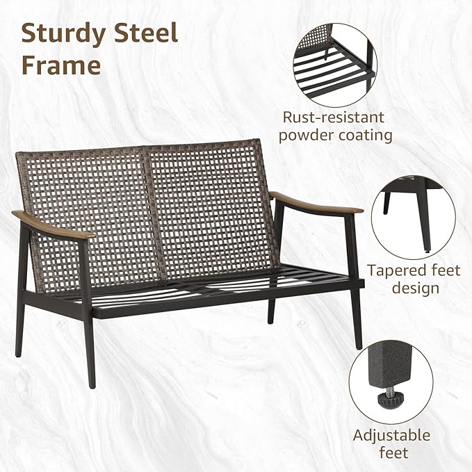 NATURAL EXPRESSIONS Patio Loveseat Sofa Outdoor Furniture Metal Chair with Wicker Backrest & 6 Inches Cushion for Indoor, Front Porch, Deck, Balcony, Backyard, 51.77"(L) x 29.75"(W) x 33.86"(H).