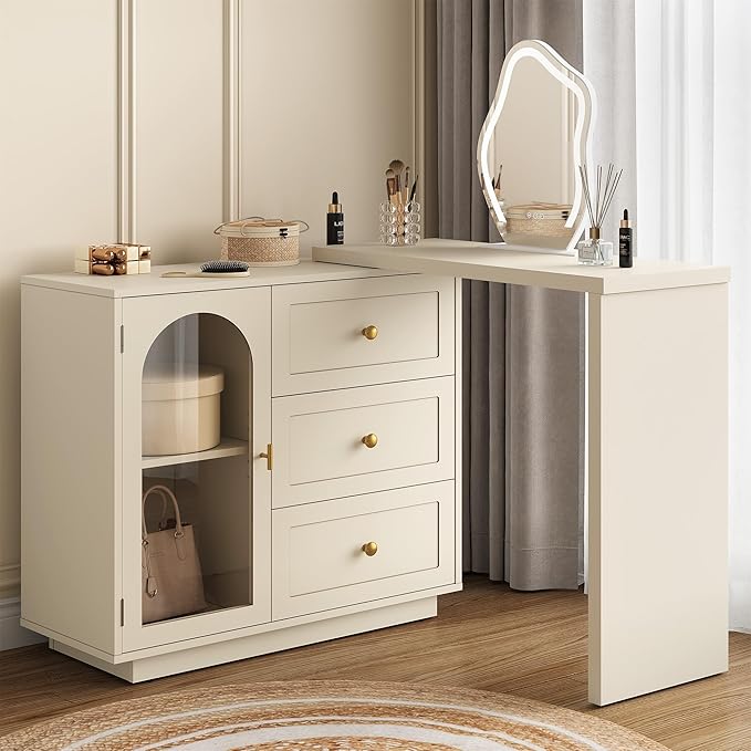 RoyalCraft L Shaped Home Office Desk, Extendable and Rotatable Desk with 3 Drawers and Door, Corner Computer Desk, Modern Study Writing Table for Bedroom, Home Office, Beige