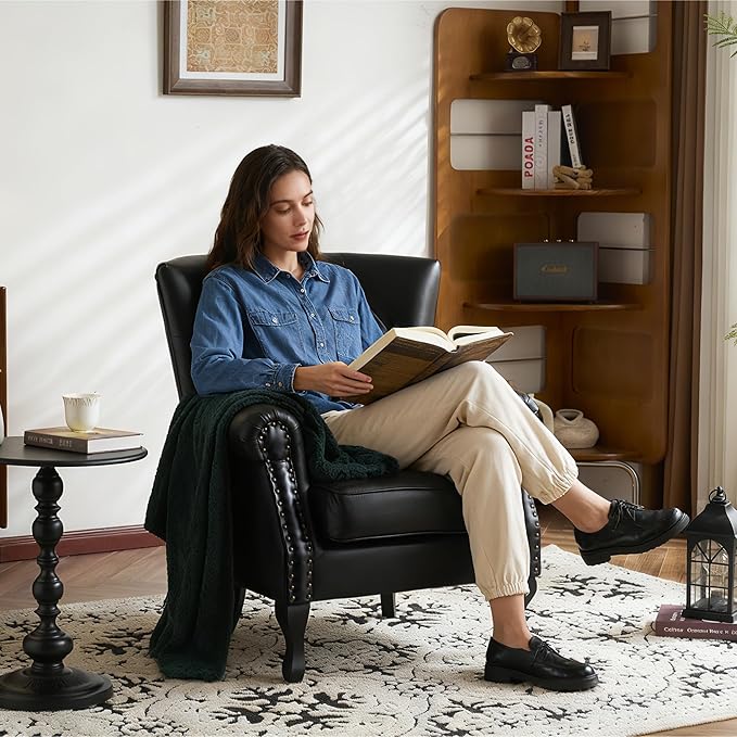 Modern Faux Leather Accent Chair, Upholstered Mid-Century Armchair with Solid Wood Legs, Single Sofa Chair for Living Room, Bedroom, or Reading Room（Black）