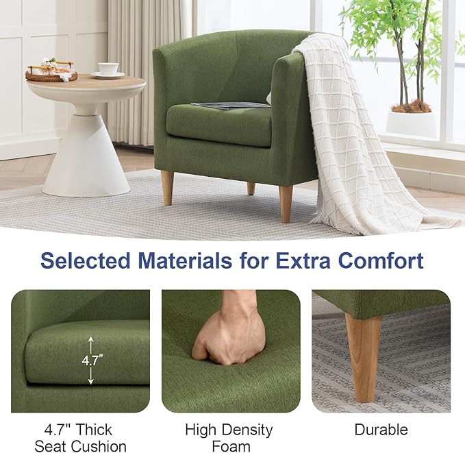 Accent Barrel Chair, Modern Comfy Living Room Chairs with Armrest Small Reading Chair with Cozy Soft Padded for Bedroom Reception Room Cafe, Green